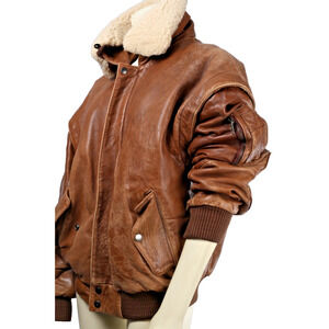 Vintage Midway Brown Leather Zipper Bomber Jacket Size 40 Sheep Shearling Collar